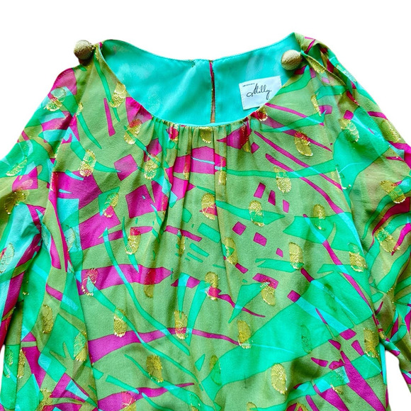 Milly New York Tropical Resort Silk Blouse Size 2 Green Pink Gold - Picture 2 of 6